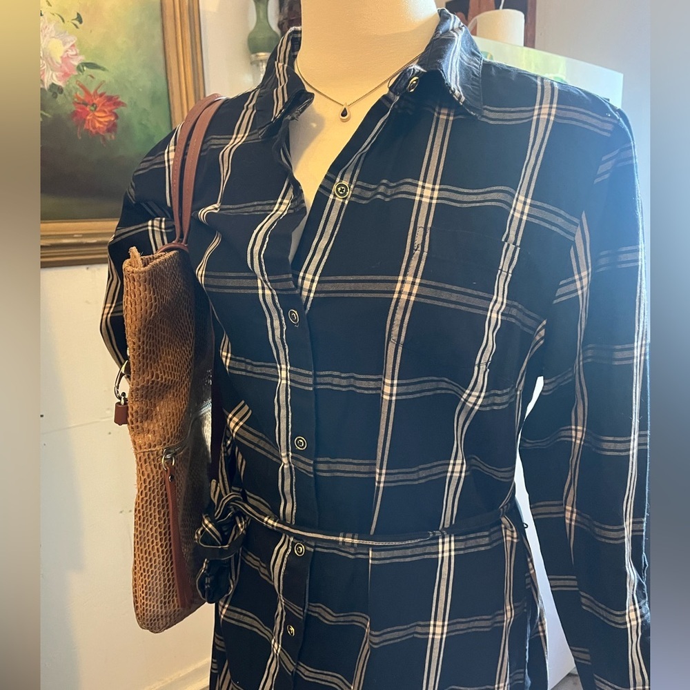 Laura Scott Black Plaid Long Sleeve COTTON Dress Large - Picture 3 of 12